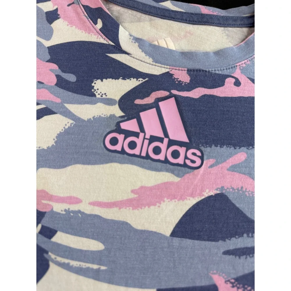 Adidas Girls Camo Graphic T-Shirt Blue Pink White Size M 10-12 AA4853